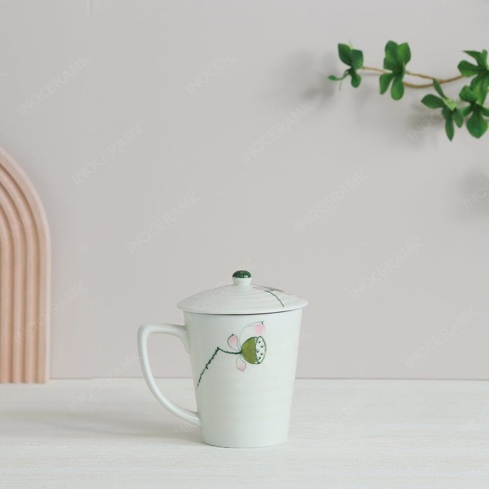 Quà tặng Đại hội Đảng - Bộ 02 ly vẽ tay có nắp sen hồng 350ml