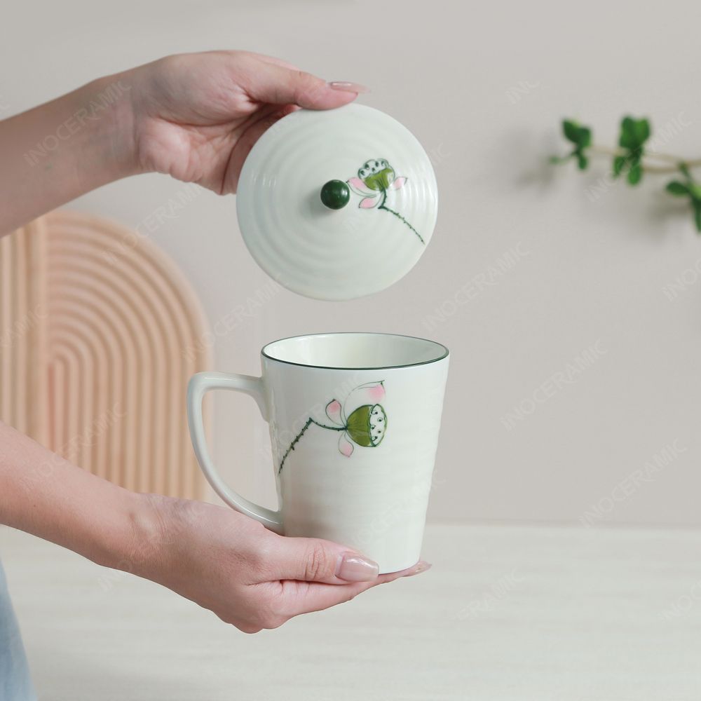 Quà tặng Đại hội Đảng - Bộ 02 ly vẽ tay có nắp sen hồng 350ml