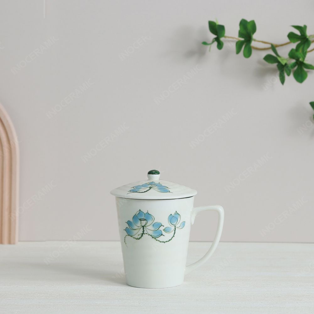 Quà tặng Đại hội Đảng - Bộ 02 ly vẽ tay có nắp sen xanh 350ml
