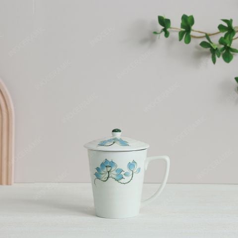 Ly vát có nắp men ngà vẽ sen xanh 350ml