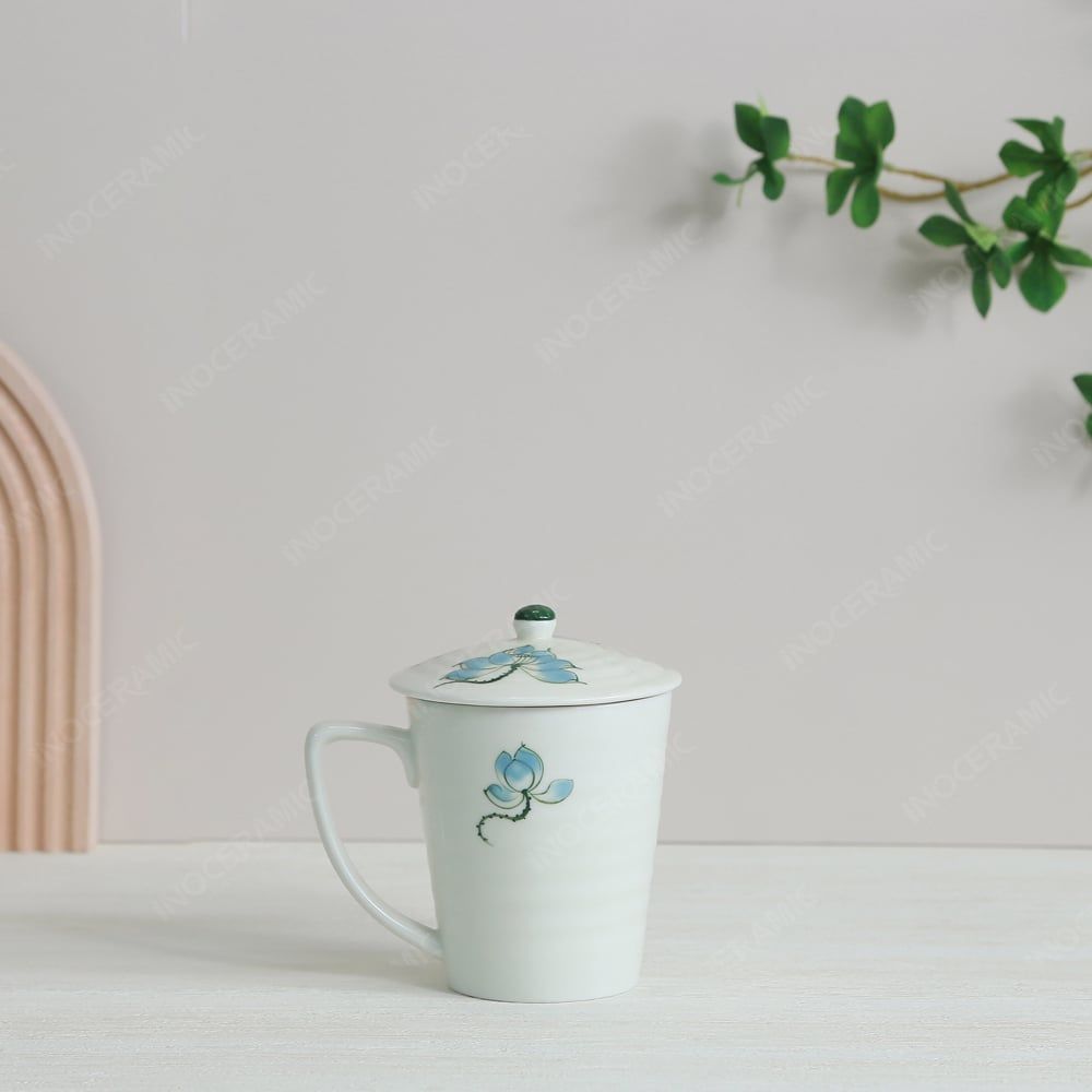 Quà tặng Đại hội Đảng - Bộ 02 ly vẽ tay có nắp sen xanh 350ml