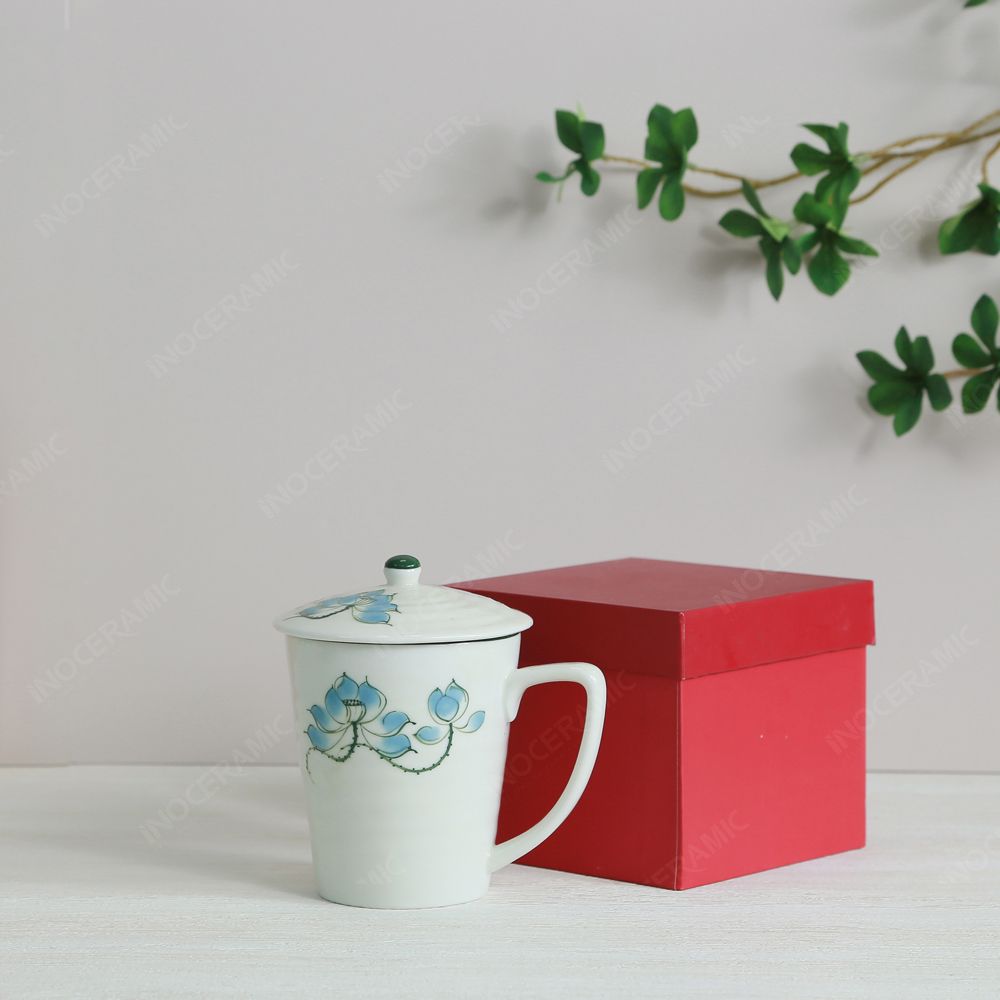 Quà tặng Đại hội Đảng - Bộ 02 ly vẽ tay có nắp sen xanh 350ml