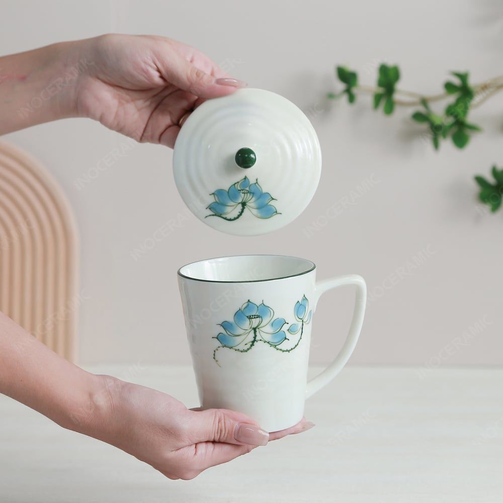 Quà tặng Đại hội Đảng - Bộ 02 ly vẽ tay có nắp sen xanh 350ml