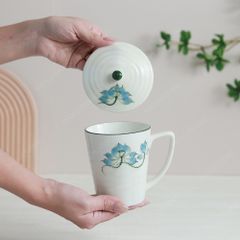 Quà tặng Đại hội Đảng - Bộ 02 ly vẽ tay có nắp sen xanh 350ml