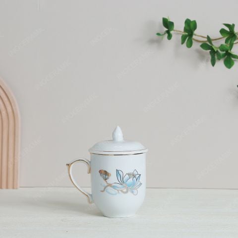 Ly sứ quai tim nắp ngọn lửa sen xanh chỉ vàng in logo