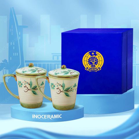 Quà tặng Công đoàn - Giftset 02 ly sứ có nắp vẽ trúc in logo