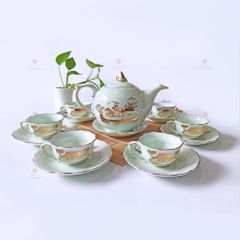 Bộ ấm trà Mẫu Đơn men ngọc Hào gia phú quý kẻ chỉ vàng