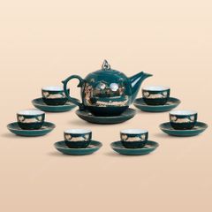 Bộ ấm trà Ngọn lửa men lam Hào gia phú quý kẻ vàng