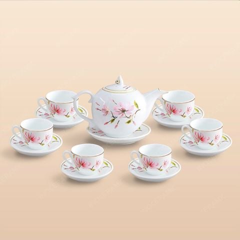 Bộ ấm trà Ngọn lửa hoa đào chỉ vàng in logo