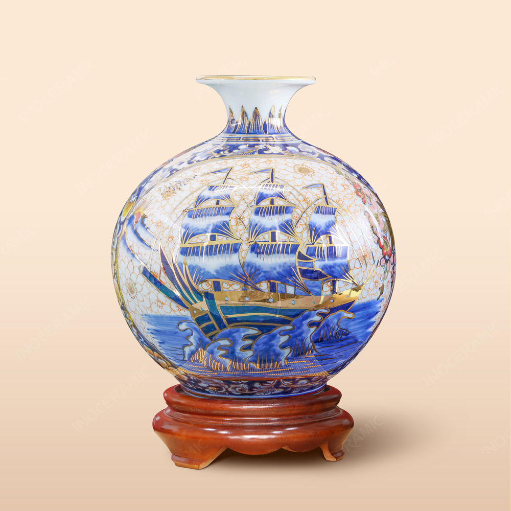 Quả hút lộc Thuận buồm hoa mai xanh cobalt vẽ vàng H30