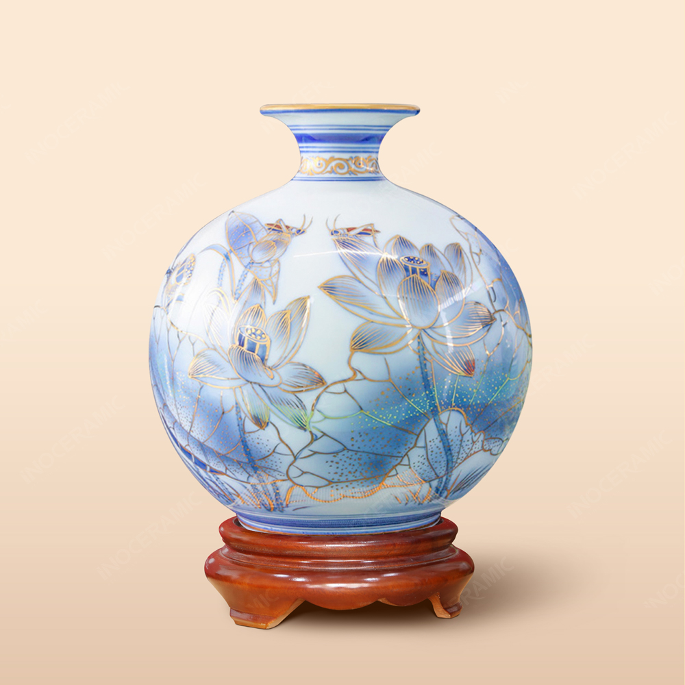 Quả hút lộc đầm sen xanh cobalt vẽ vàng H30
