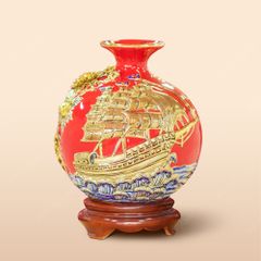 Quả hút lộc men đỏ Thuận buồm đắp nổi vẽ vàng H30