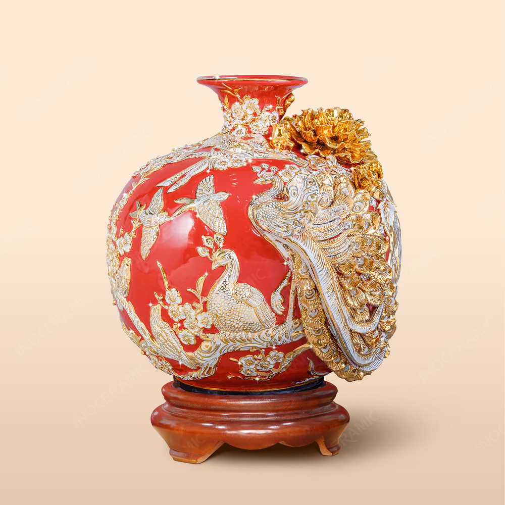 Quả hút lộc Khổng tước đắp nổi vẽ vàng