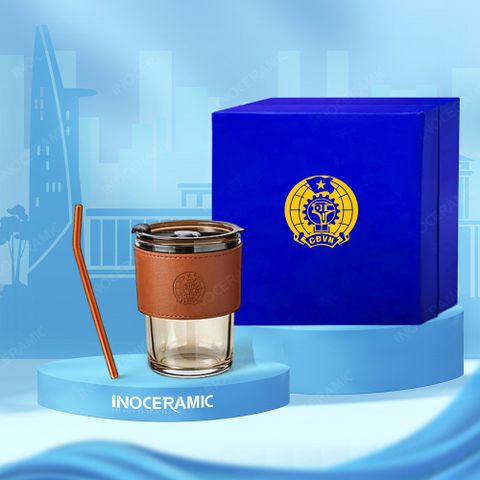 Quà tặng Công đoàn - Cốc thuỷ tinh bọc da in logo doanh nghiệp