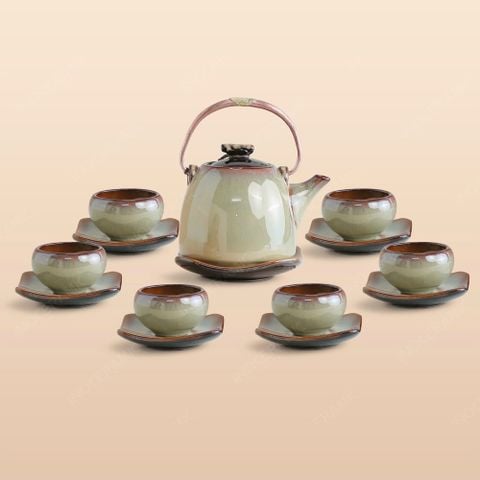 Bộ ấm trà Kim Hoa men ghi hoả biến