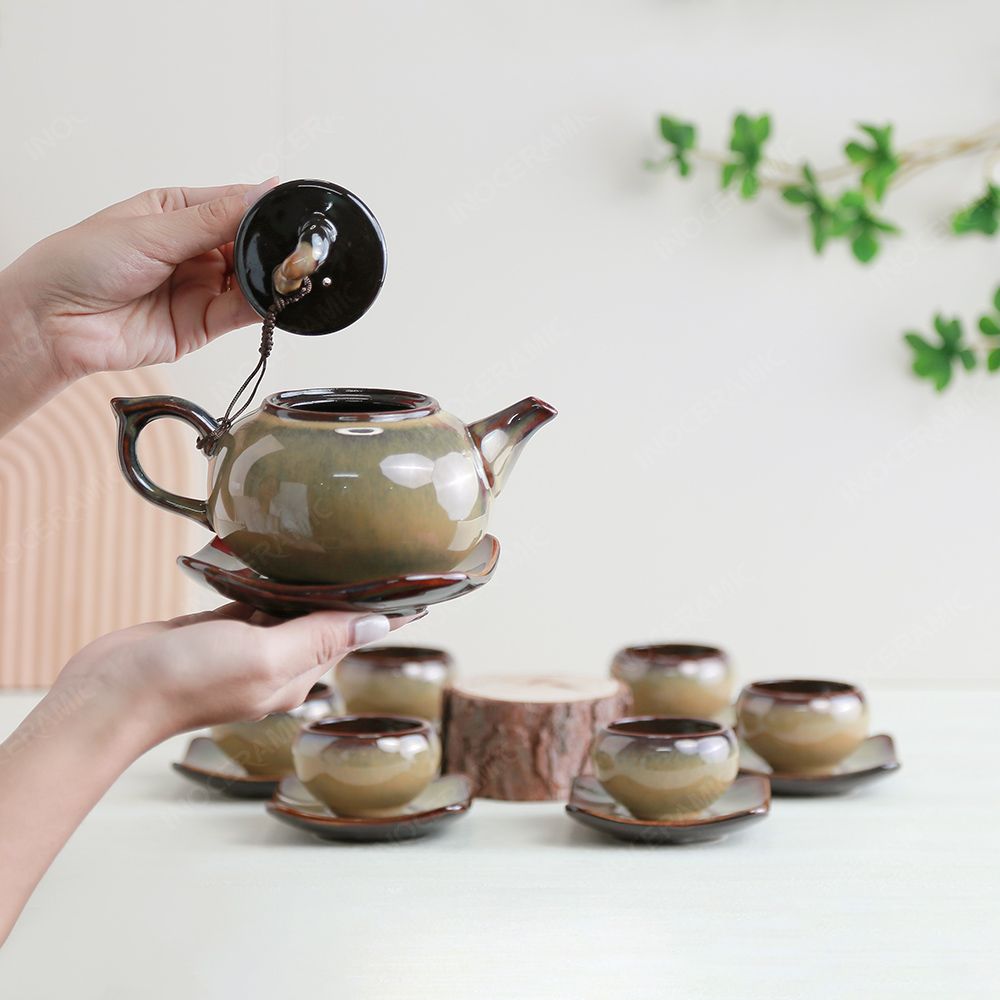 Bộ ấm trà quả hồng lòng hoa men ghi hoả biến