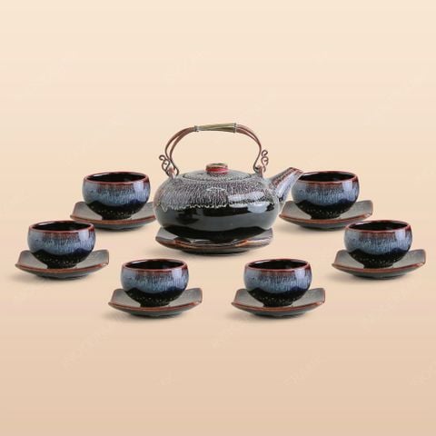 Bộ ấm trà Giang Tây lòng hoa thạch nhũ men nâu hoả biến