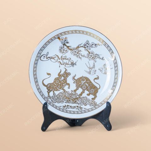 Đĩa trưng bày Chúc Mừng Năm Mới 12 con giáp kẻ vàng in logo