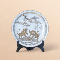 Đĩa trưng bày Chúc Mừng Năm Mới 12 con giáp kẻ vàng in logo