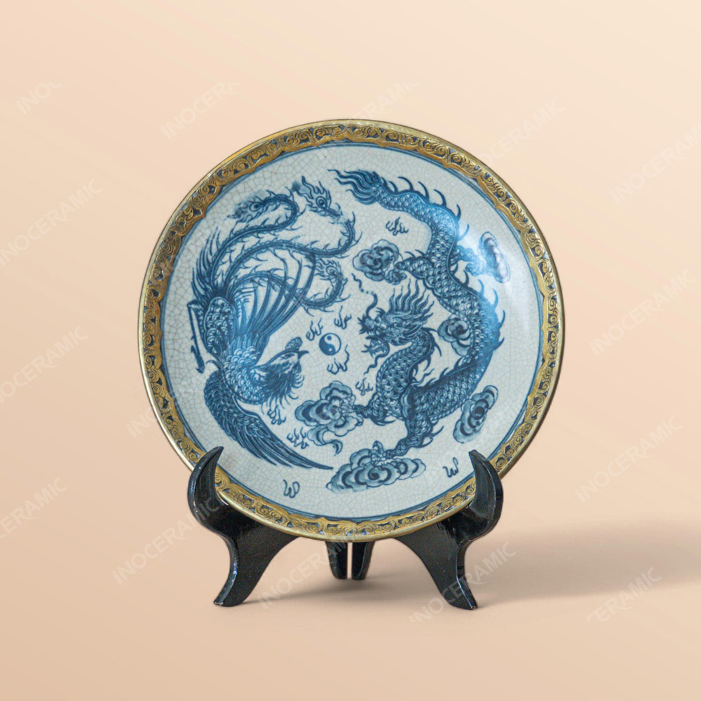 Đĩa trưng bày Long Phụng Trình Tường men rạn bọc đồng