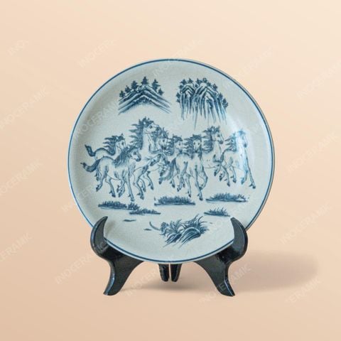 Đĩa trưng bày Bát Mã Truy Phong men rạn in logo