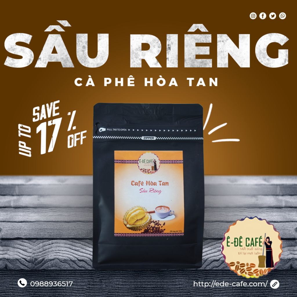 Cà Phê Hòa Tan Vị Sầu Riêng-  Ê Đê Café - Hộp 12 gói