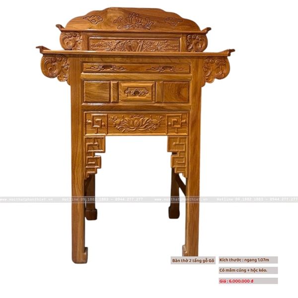 Bàn thờ gỗ gõ 2 tầng 1070 x 670 x 1200 - 1590mm