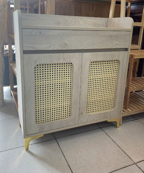 Tủ giầy MDF CA vân gỗ, cánh tủ lồng mây mắt cáo 800 x 300 x 900mm