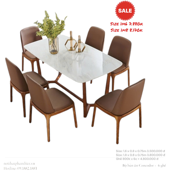 Combo bàn ăn Concodor chân gỗ ASH mặt đá 1m4 + 6 Ghế Seco mặt gỗ màu óc chó