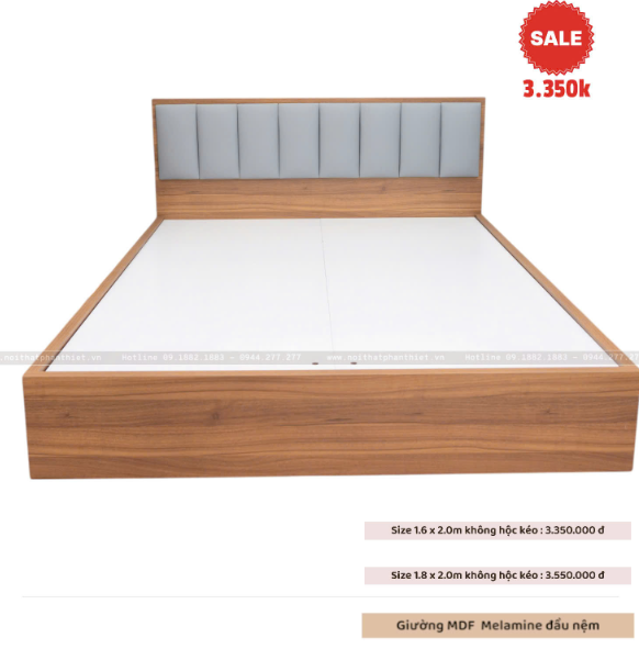 Giường MDF KCM vân gỗ màu nâu da bò, đầu giường nệm da màu xám 1m6