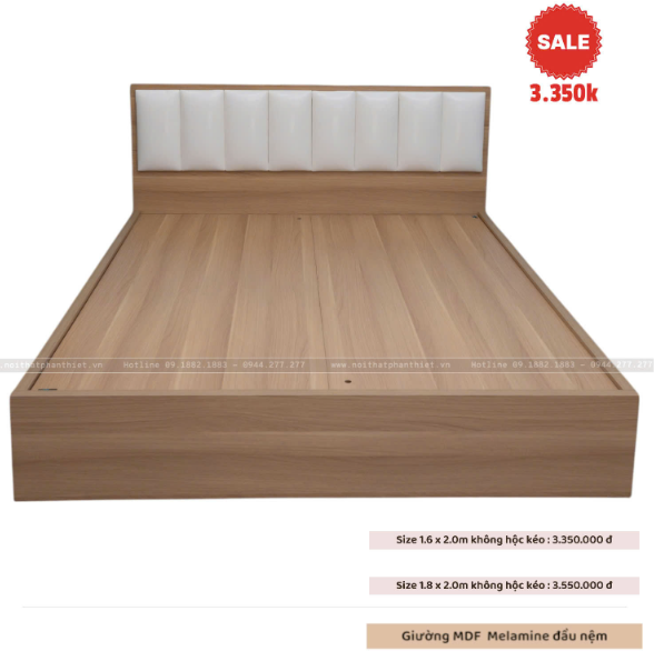 Giường MDF KCM vân gỗ màu 388, đầu giường nệm da màu trắng 1m8