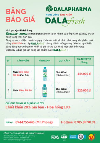 Nước uống ion kiềm Dalafresh (thùng 24 chai 480ml)