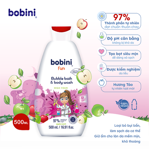 Gel tắm trẻ em tạo bọt Bobini Fun mềm mịn hương táo 1+ tuổi 500ML