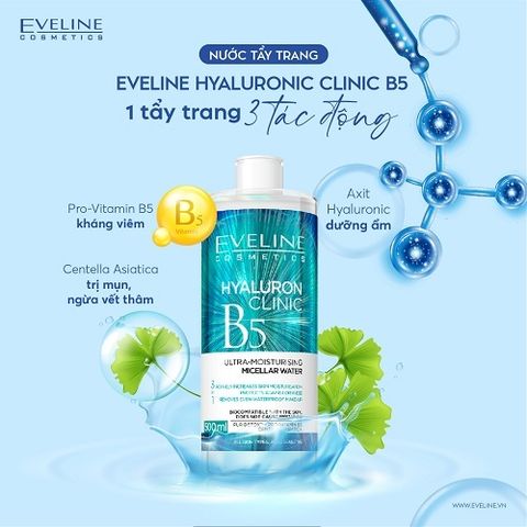 [Tặng son dưỡng Eveline] Nước tẩy trang Eveline Hyaluron Clinic B5 dưỡng ẩm da 500ML