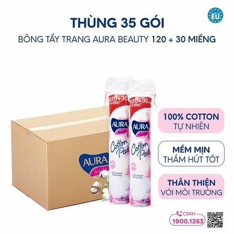 [Mua 35 tặng 1 bông Care4u] Thùng 35 gói bông tẩy trang Aura Beauty 120+30 miếng