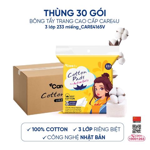Thùng 30 gói bông tẩy trang cao cấp Care4u 3 lớp 233 miếng_CARE4165V