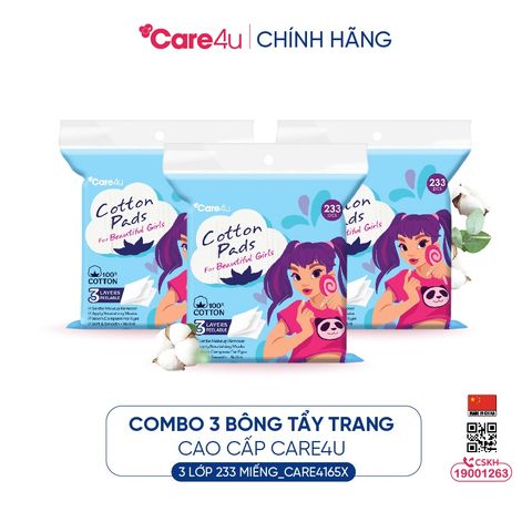 [Tặng bông Skinlovers 150M] Combo 3 Bông tẩy trang cao cấp Care4u 3 lớp 233 miếng_CARE4165X