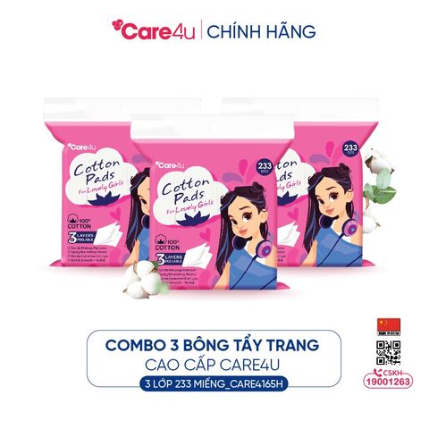 [Tặng bông Skinlovers 150M] Combo 3 Bông tẩy trang cao cấp Care4u 3 lớp 233 miếng_CARE4165H