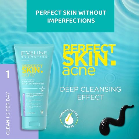 [Tặng mặt nạ Daliv] Gel rửa mặt Eveline Perfect Skin Acne sạch sâu, kháng khuẩn và ngừa mụn 150ML