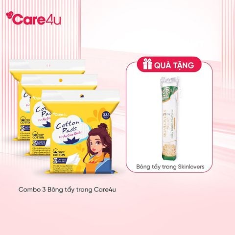 [Tặng bông Skinlovers 150M] Combo 3 Bông tẩy trang cao cấp Care4u 3 lớp 233 miếng_CARE4165V