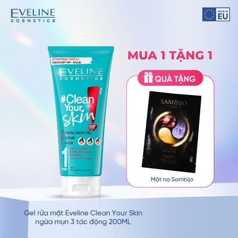 [Tặng mặt nạ Sambijo] Gel rửa mặt Eveline Clean Your Skin ngừa mụn 3 tác động 200ML