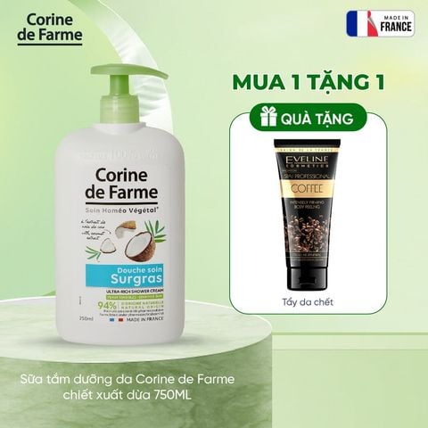[Tặng TDC Eveline] Sữa tắm dưỡng da Corine de Farme chiết xuất dừa 750ML