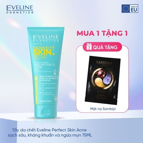 [Tặng mặt nạ Sambijo] Tẩy da chết Eveline Perfect Skin Acne sạch sâu, kháng khuẩn và ngừa mụn 75ML