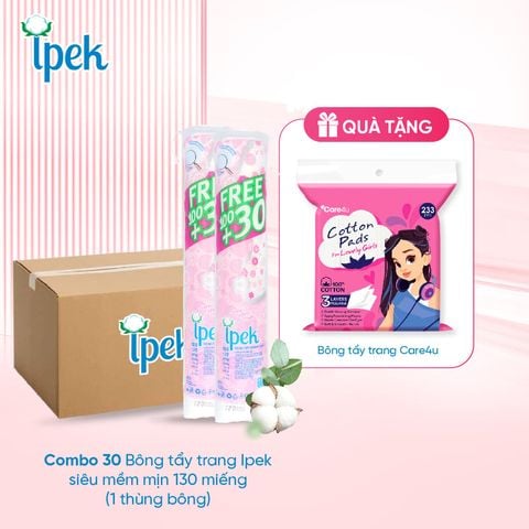 [Tặng bông Care4u] Thùng 30 gói bông tẩy trang Ipek siêu mềm mịn 130 miếng