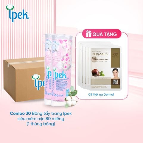 [Tặng 5 mặt nạ Dermal] Thùng 30 gói bông tẩy trang Ipek siêu mềm mịn 80 miếng