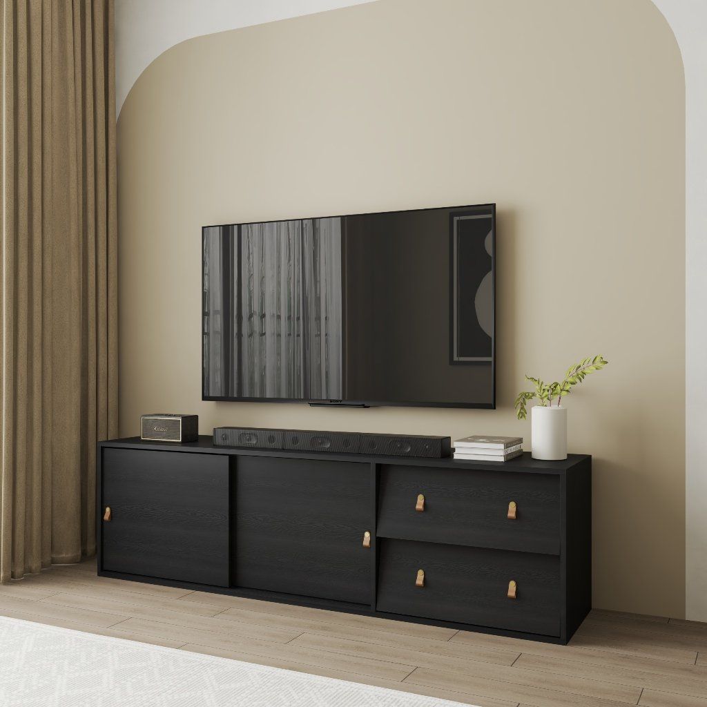  HAPPY FURNITURE , Kệ TV 2 cửa lùa 2 ngăn kéo - CALYN , KTV_100 , 180cm x 40cm x 52cm DxRxC 