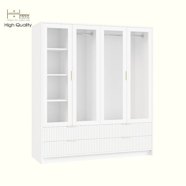  HAPPY FURNITURE , Tủ quần áo 4 cửa kính 4 ngăn kéo - NAMI, TCM_220 , 160cm x 54cm x 180cm DxRxC 