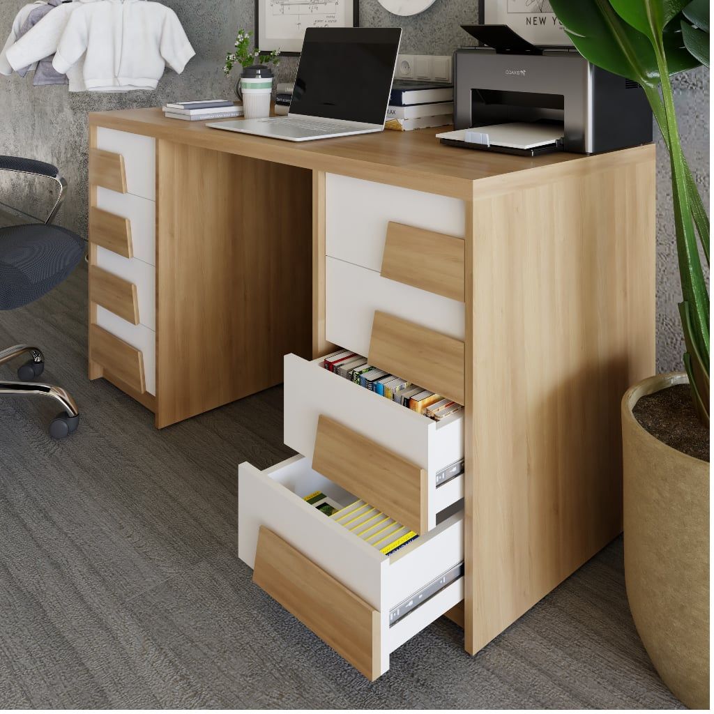  HAPPY FURNITURE , Bàn làm việc 8 ngăn kéo - PONIX , BAN_065 , 140cm x 59cm x 75cm 