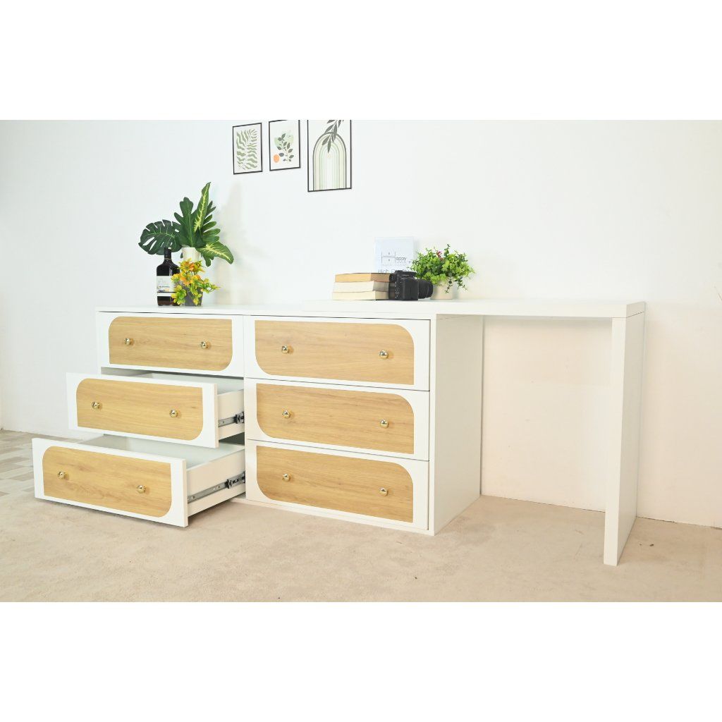  HAPPY FURNITURE , Tủ lưu trữ 6 ngăn kéo kết hợp bàn - VENNI , BAN_115 , 220cm x 45cm x 71cm DxRxC 