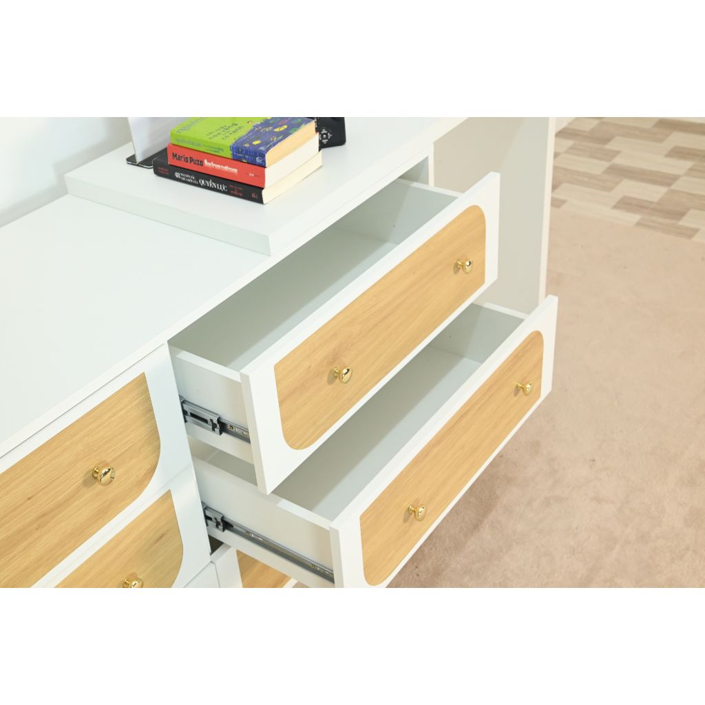 HAPPY FURNITURE , Tủ lưu trữ 6 ngăn kéo kết hợp bàn - VENNI , BAN_115 , 220cm x 45cm x 71cm DxRxC 